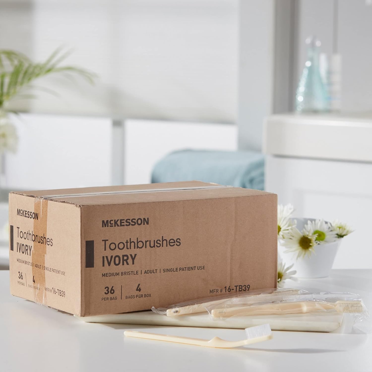 McKesson Toothbrush, Ivory, Medium Bristles, Curved, Individually Wrapped, 144 Count, 1 Pack