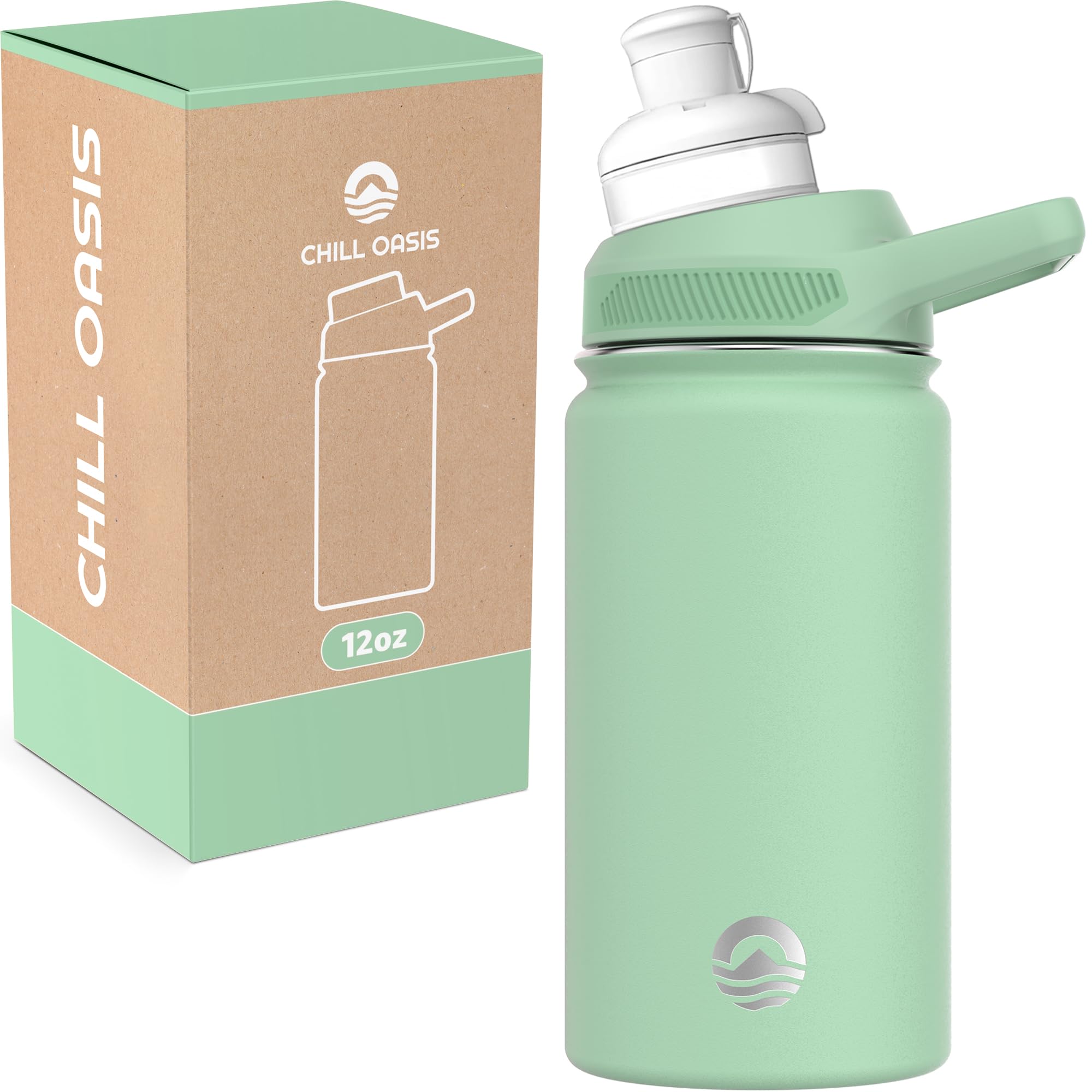Chill Oasis Water Bottle | Compatible With Popular Flavor Cartridges | BPA Free, Leak Proof, Double-Walled Vacuum Insulated Stainless Steel, and Dishwasher Safe | Cold for 24 Hours (Sage, 12oz)