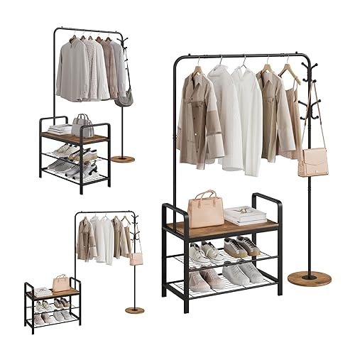 Perchero de diseño 3 en 1 banco de zapatos banco de entrada de árbol de pasillo con almacenamiento muebles de aspecto de madera con marco de metal