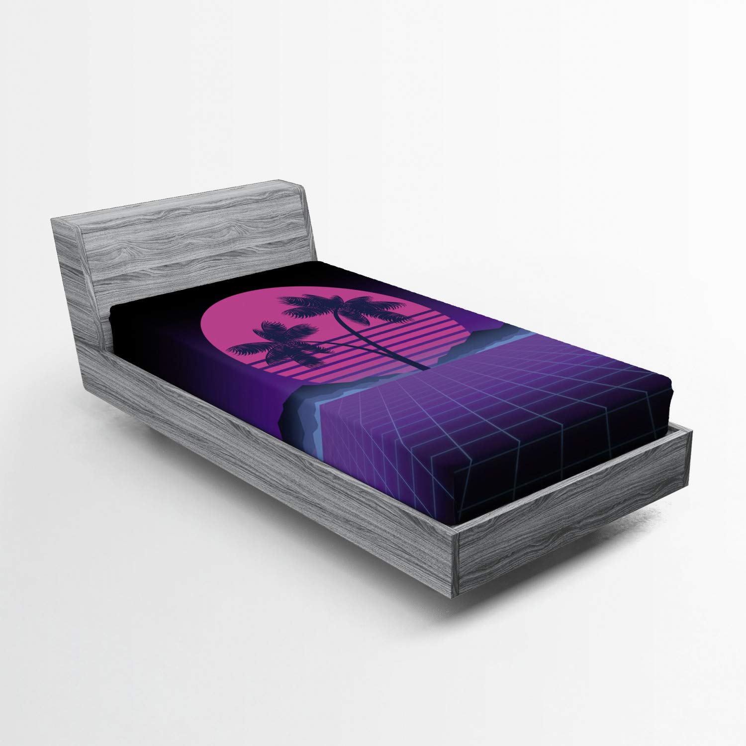 Ambesonne Synthwave 2 Pack Fitted Sheet, Striped Moon Exotic Palms, Bed Cover All-Round Elastic Deep Pockets 2 Pieces, Package Contains 2 Twin Size Fitted Sheets, Indigo Purple Pink