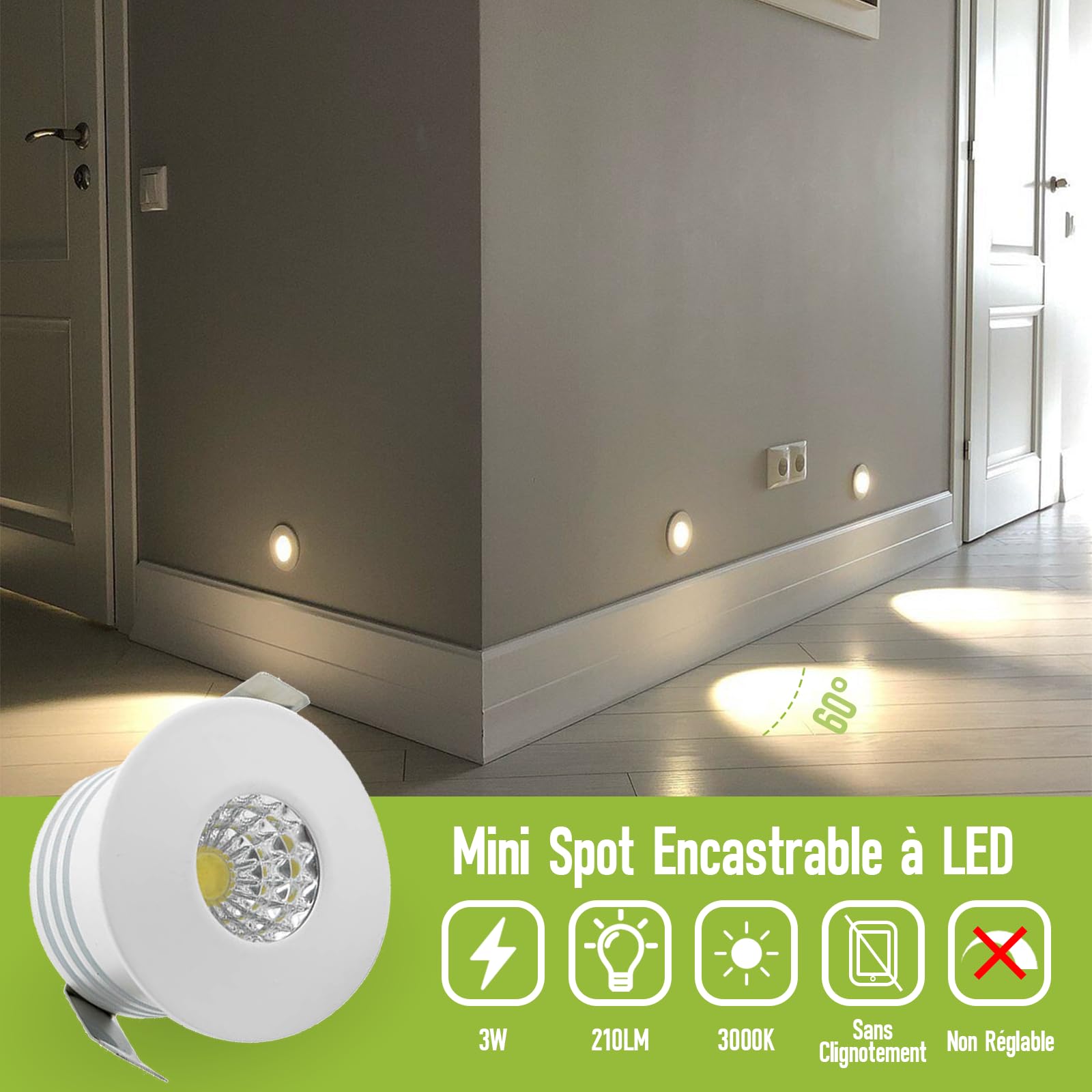 Mini Spots LED Encastrables 3W 210lm 3000K Ø40mm Blanc Chaud COB Aluminium Plafond