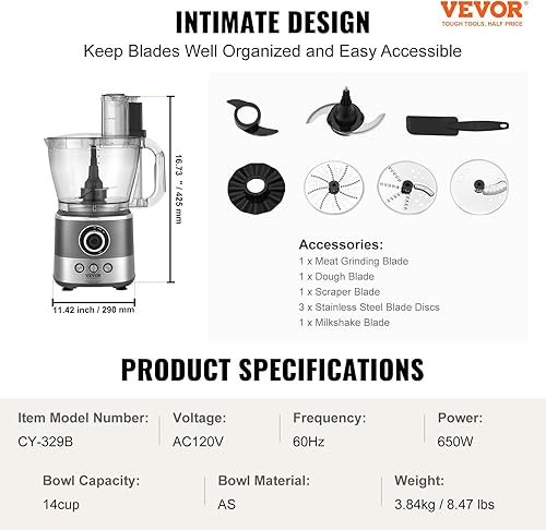Miniatura 7 de VEVOR Procesador de alimentos, picadora eléctrica de verduras de 14 tazas con 3 ajustes preestablecidos Auto-iQ, ajuste de múltiples velocidades de