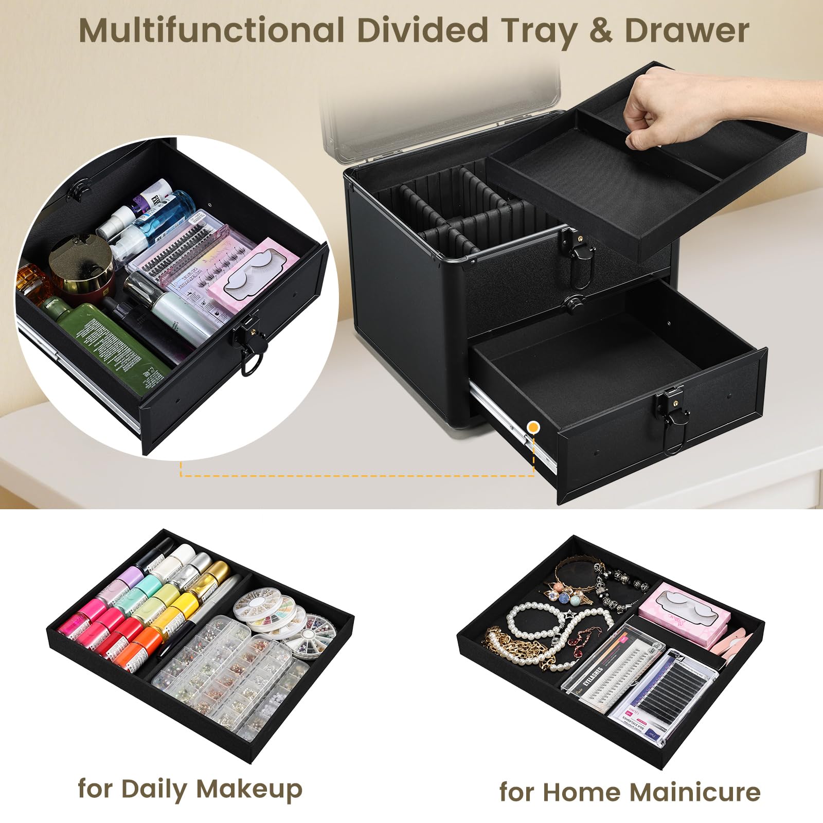 Beauty case con specchio a LED, scatola per il trucco rimovibile con specchio luminoso, portatile, beauty case per truccatori con divisori regolabili e porta pennelli da trucco, Nero con cassetto