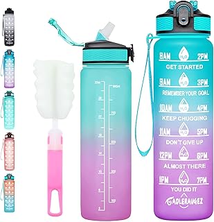 Water Bottles with Time Markings - Leakproof Reusable 32oz Motivational Water Bottle with Straw - BPA Free Daily Intake Sports Gym Workout 1l Waterbottle for Running (Green & Pink Gradient)