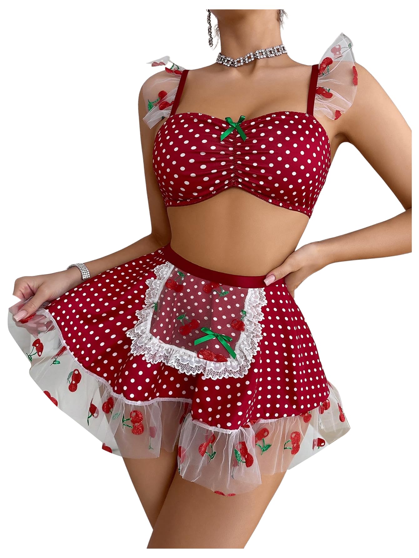 RoseSeekWomen's 3 Piece Lingerie Sets Lace Ruffle Trim Polka Dots Bras and Thongs Set with Mini Skirts