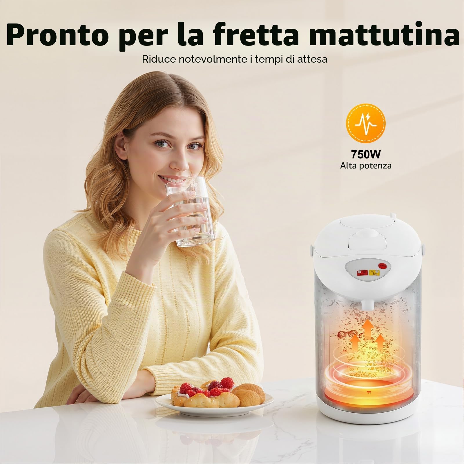 Thermopot 3 l, 750 W, erogatore di acqua calda in acciaio inox, con controllo della temperatura, 90 °C, 24 ore, funzione di mantenimento del calore, bollitore elettrico, con tre metodi di