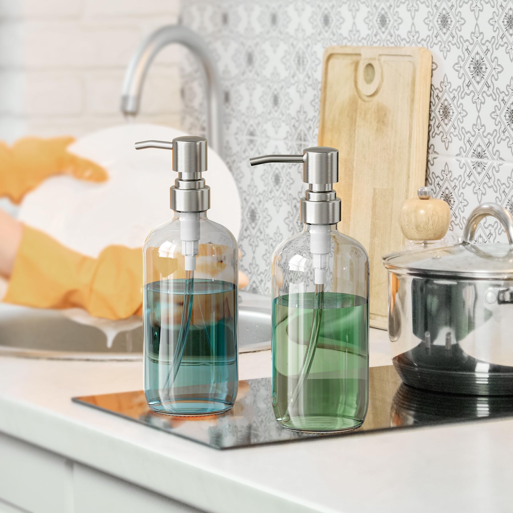 Dispensador de jabón, paquete de 2 dispensadores de jabón de vidrio con bomba de acero inoxidable, botellas de jabón de manos de 17 onzas, baño y cocina, transparente 6