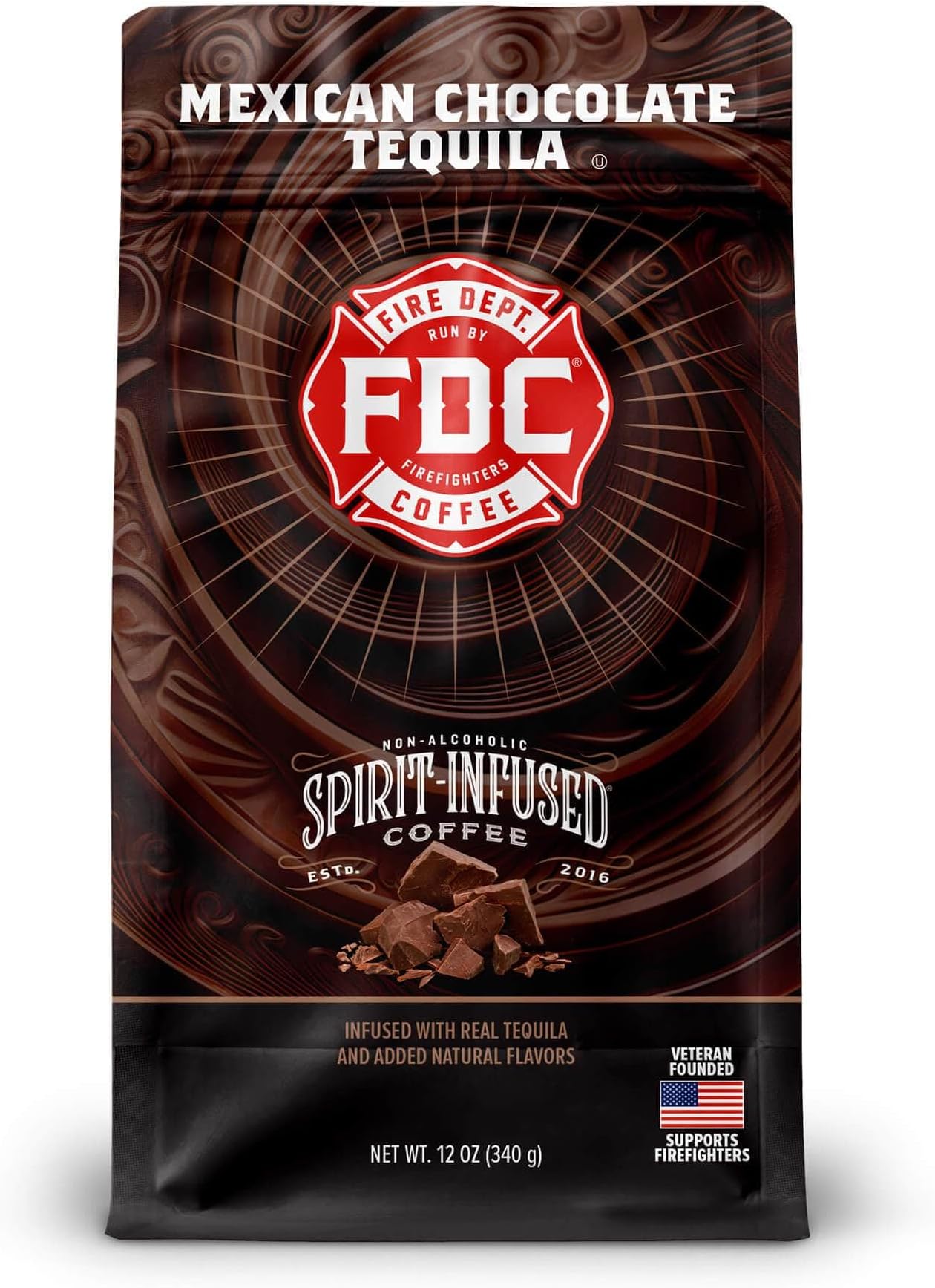 Fire Department Coffee - Gives Back to Firefighters - Mexican Chocolate Tequila Infused Whole Bean Coffee - Medium Roast - Non-Alcoholic - Roasted in the USA - Veteran Owned - 12 oz