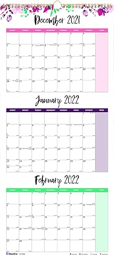 Blueline Calendario de pared de tres meses de 2022, colorido de 14 meses, diciembre de 2021 a enero de 2023, encuadernación de alambre doble, 12.25"