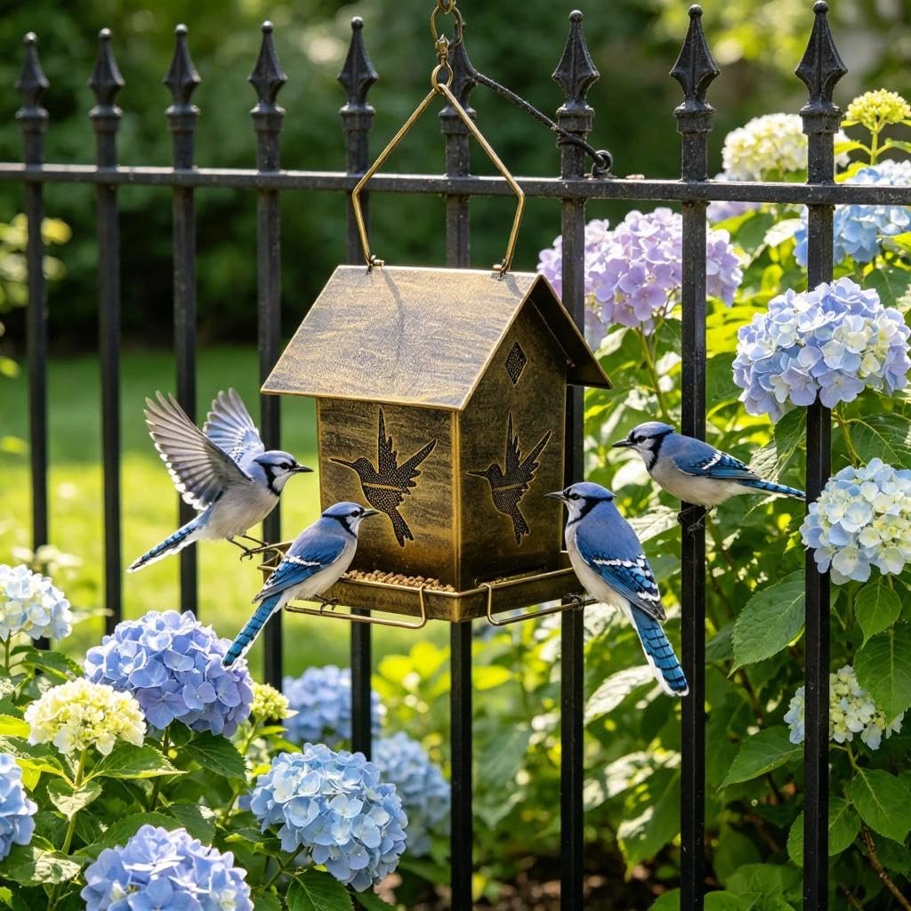Espacioso comedero para pájaros de 4 entradas, con construcción de metal grueso, ideal para los amantes de la comida mixta y los aperitivos