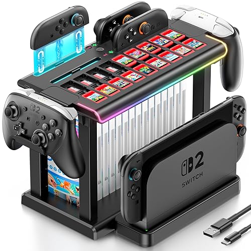 Switch 2 RGB Organizer Station with Controller Charging Dock, Switch 2 Storage Stand, Joycon 2 Charger, Gaming Accessories Holds TV Dock, 16 Game Cases, 18 Game Cards, and 2 Pro Controllers - Switch 2 - Black