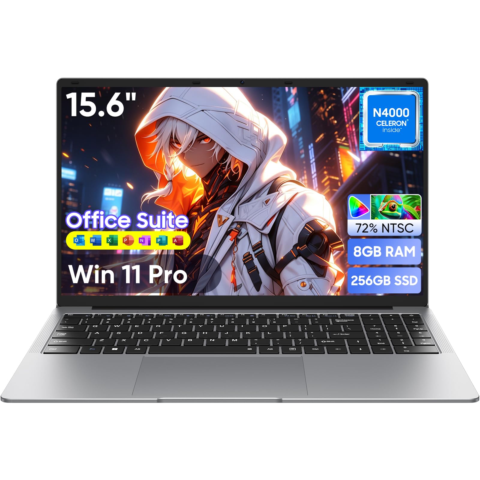 15.6 inch Win11 Pro Laptop with 8GB RAM, 256GB SSD, MS Office 365, 100% sRGB Display, N4000 Processor, Dual Band Wi-Fi, Bluetooth 4.2, USB-A, HDMI, 1920x1080 FHD Display (N4000 8+256)