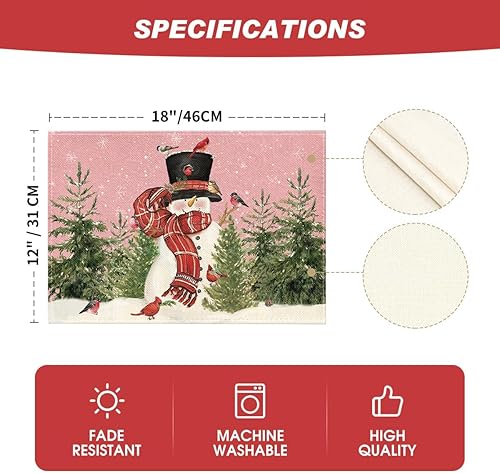 Miniatura 6 de Artoid Mode Juego de 4 manteles individuales de Navidad con diseño de muñeco de nieve, pájaros, árboles, Navidad, 12 x 18 pulgadas, color rosa, para