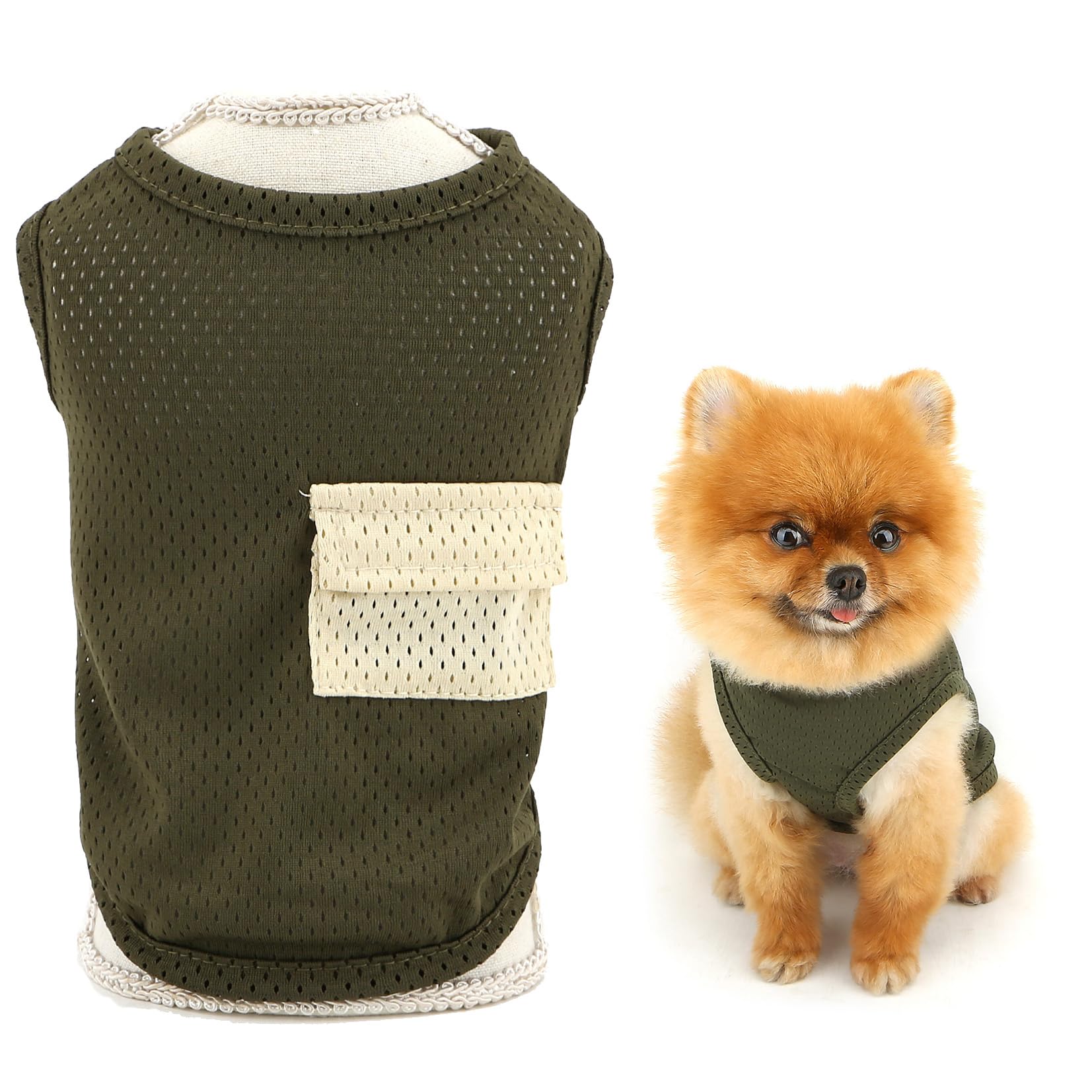 SMALLLEE_LUCKY_STORE Cool Mesh Dog T-Shirts for Extra Small and Small Dogs Solid Pet Tank Top with Cute Pocket Puppy Shirt Breathable Summer Vest Chihuahua Yorkie Cat Clothes, Green, M