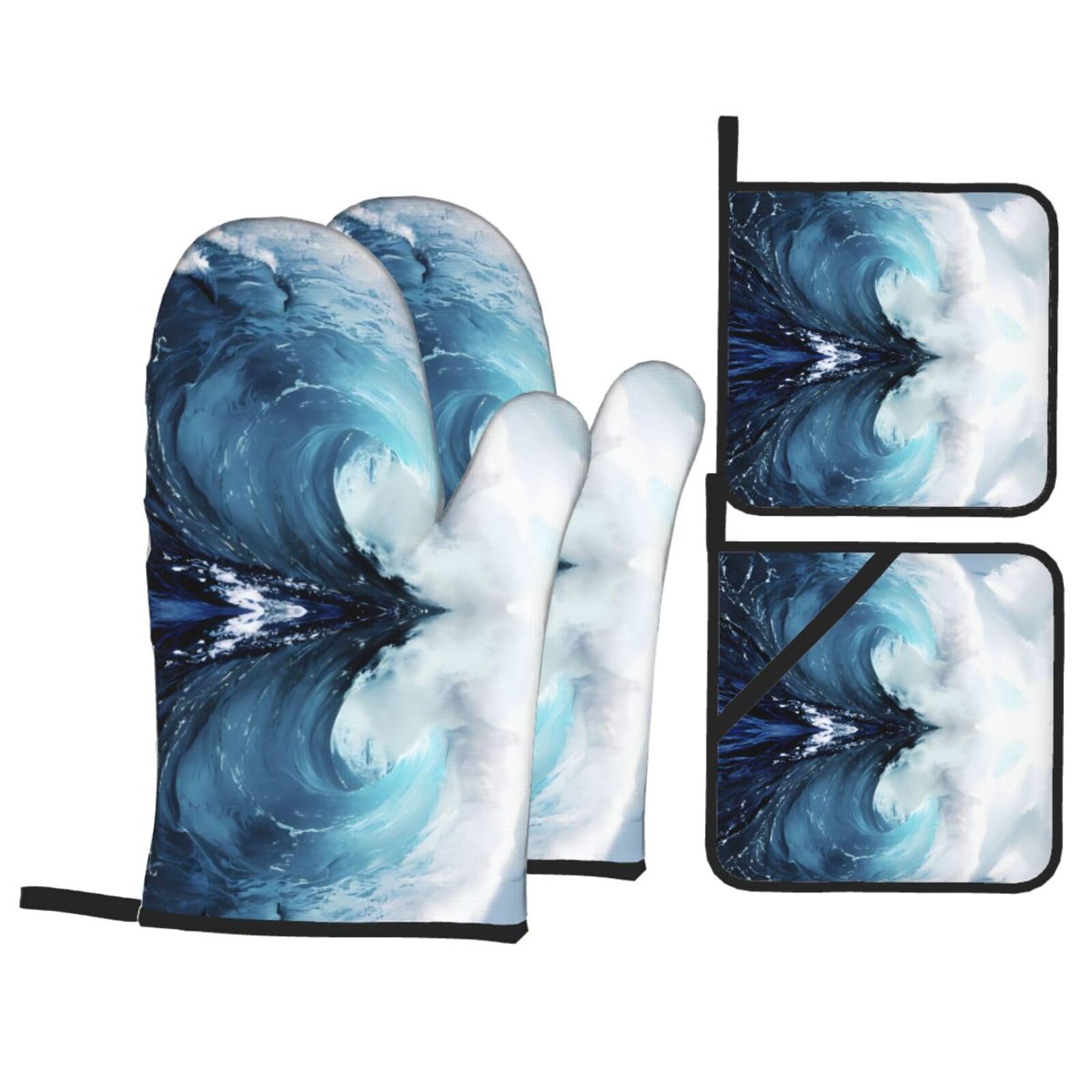 WHJSHOP Ocean Waves Prints Oven Mitts & Pot Holders Set - Waterproof Kitchen Layers & Heat Resistant - Durable Covers for Safe Cooking & Easy Cleanup