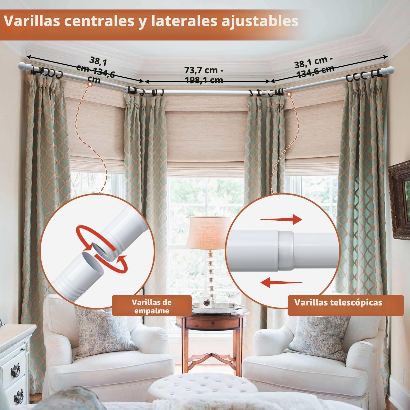 Barra de cortina de ventana de 76 a 460 cm, 2 codos incluidos, diámetro de 25 mm, barra de cortina blanca resistente de 3 lados, para dormitorio, sala de estar, ventana de esquina