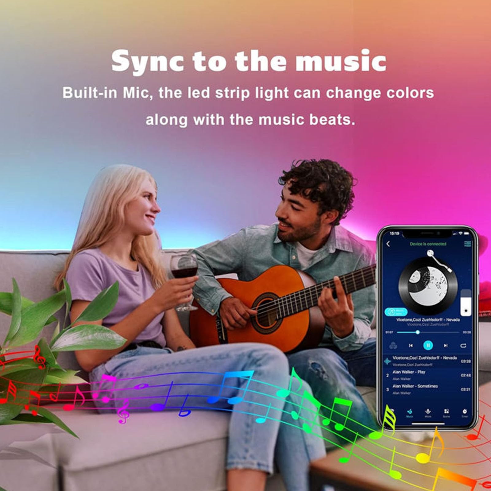 SH-RuiDu Color Changing Led Strip Lights 20m, 5050 RGB Music Sync LED Tape Lights Dimmable Stick on Led Mood Strip Light with Bluetooth App Remote Control for Bedroom, Movie Room, Party, Bar Decor - Image 3