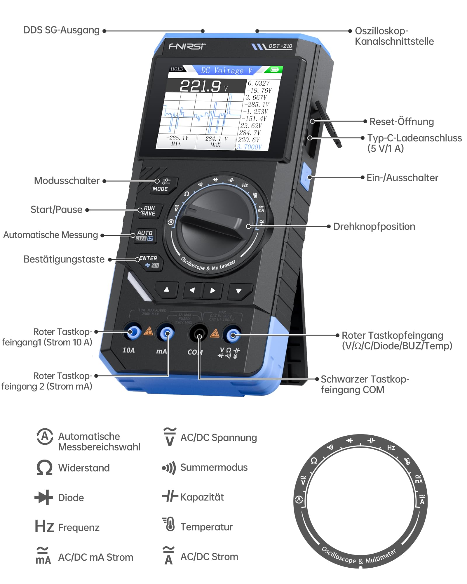 FNIRSI DST-210 Handoszilloskop, 10MHz Bandbreite, 19999 Zählimpulse, Digitales Oszilloskop,Multimeter, DDS-Generator 3-in-1, 48MS/s Abtastrate, AC/DC-Spannungsstrom, Kondensator, Widerstand, Diode