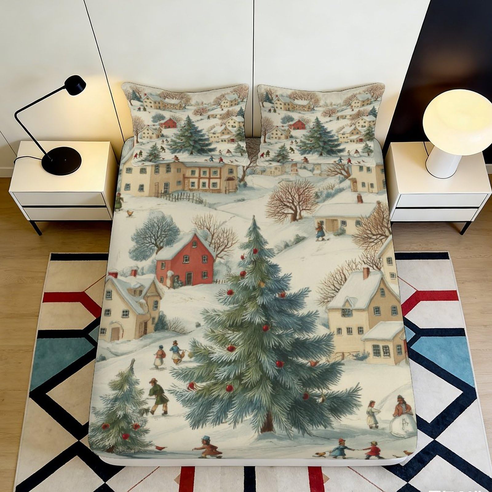 3D Printed Winter Village Scene Fitted Sheet Microfiber Christmas Tree Mattress Cover for Bedroom Home Decor 90x200x25cm