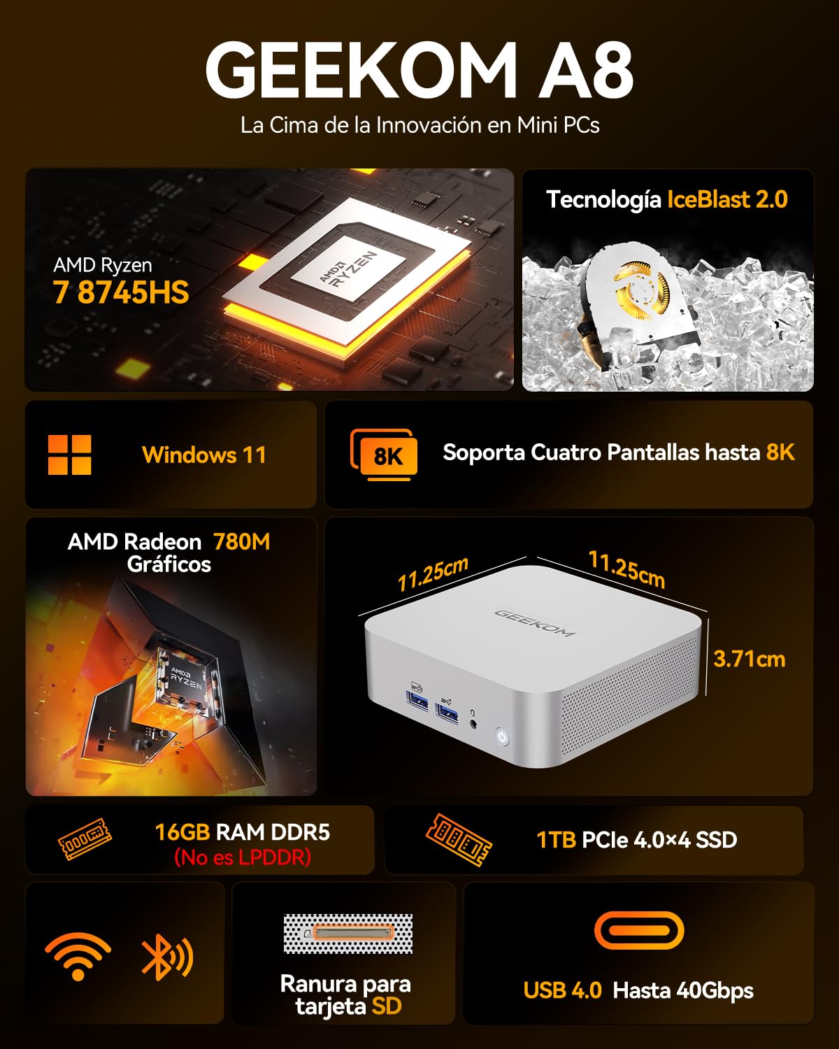 GEEKOM A8 Mini PC con AMD Ryzen 7 8745HS, 1TB SSD + 16GB DDR5