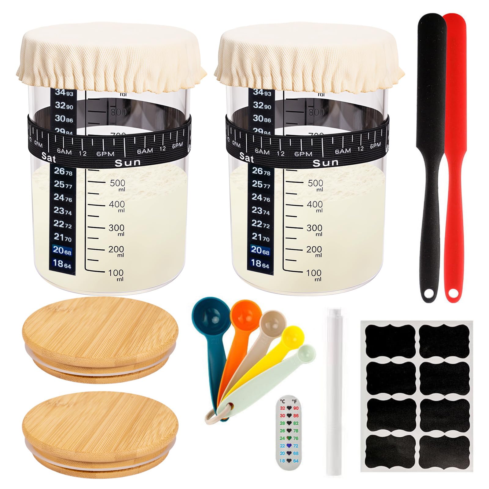 2PACK 900ml Sourdough Starter Jar, 34oz Glass Sourdough Starter Kit with Date Feeding Band, Thermometer, Cloth Cover & Metal Lid, Reusable Sourdough Bread Baking Supplies, Home Baking Supplies