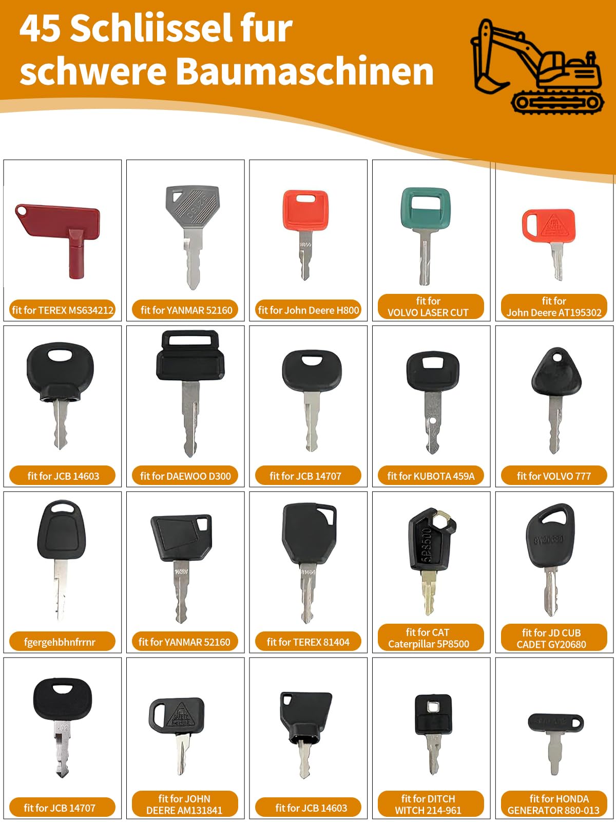 Set di 45 chiavi per macchine da costruzione, per escavatore, trattore, impilatore universale, compatibile con John, Deere, Cat, Toyota, Kubota, JCB, Hitachi, New Holland, Case, Clark, Massey