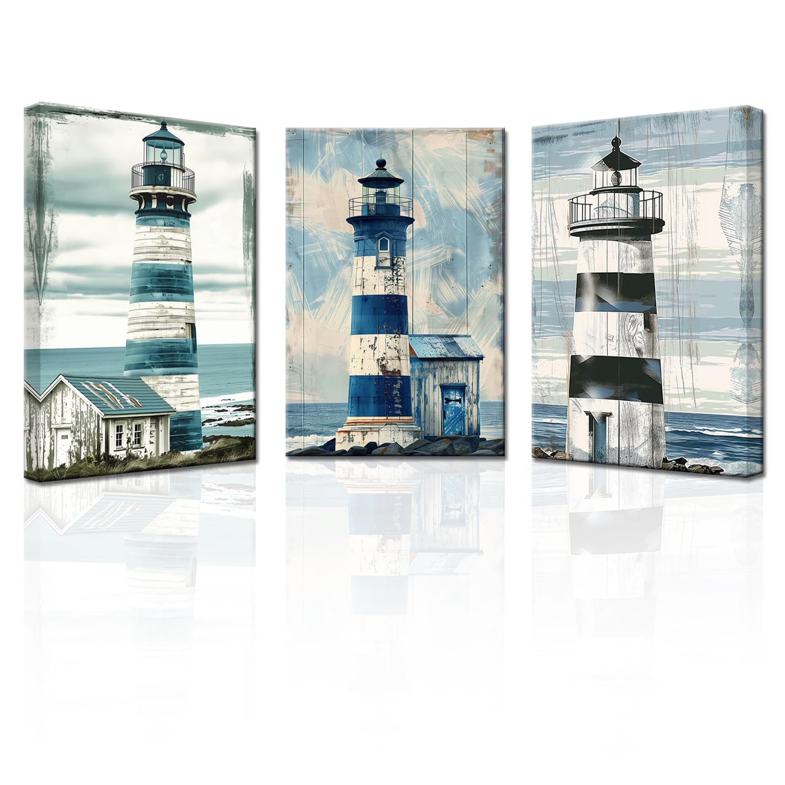 LMYSXAOZ 3Pcs Unframed Lighthouse Canvas Wall Art Coastal Decor Ocean Picture Prints Beach Nautical Painting Rustic Vintage Artwork Home Bathroom 20x30inch