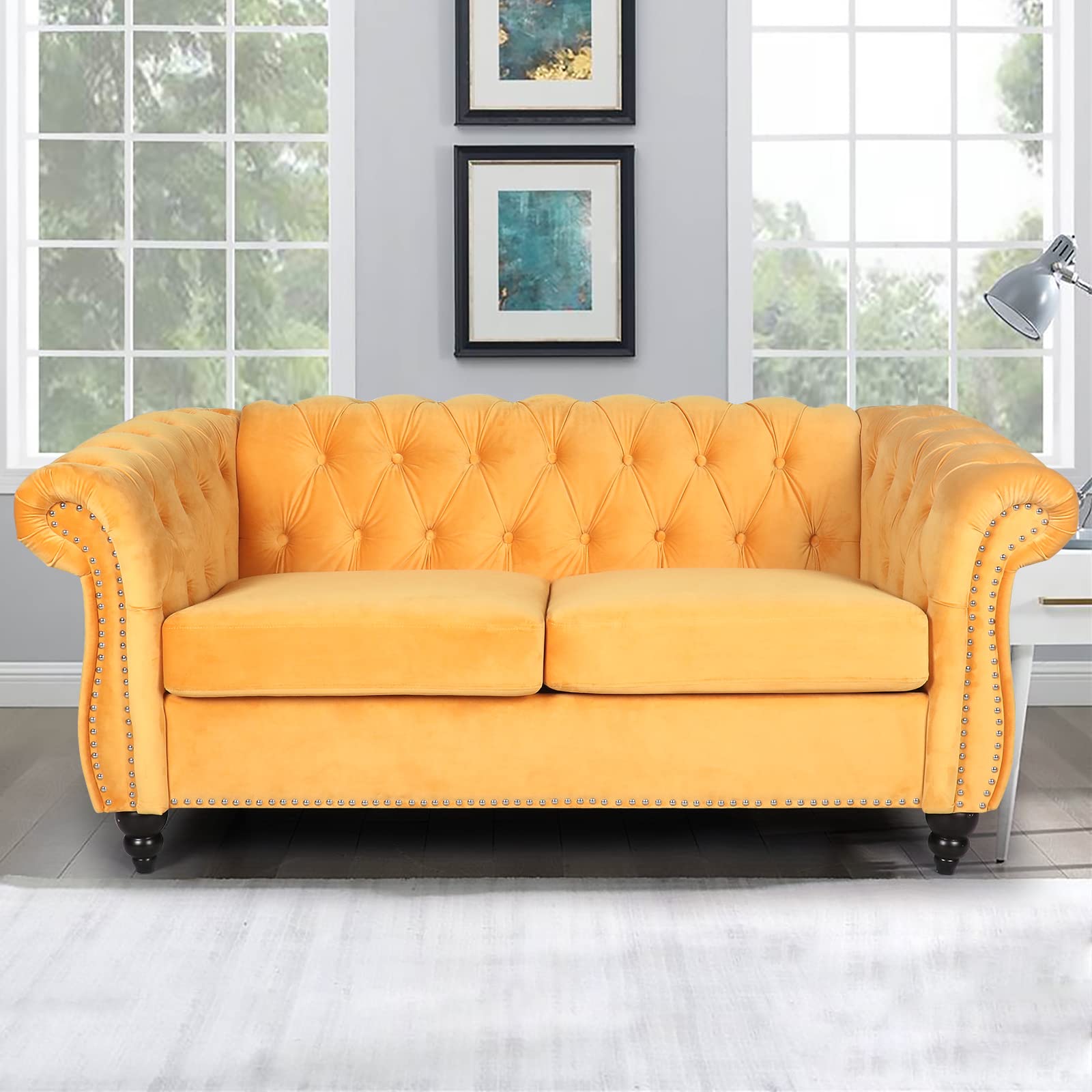RARZOE Traditional Chesterfield Loveseat Sofa, Modern Vintage Chesterfield Button Tufted Velvet Couch with Nailhead Trim Scrolled Arms for Living Room