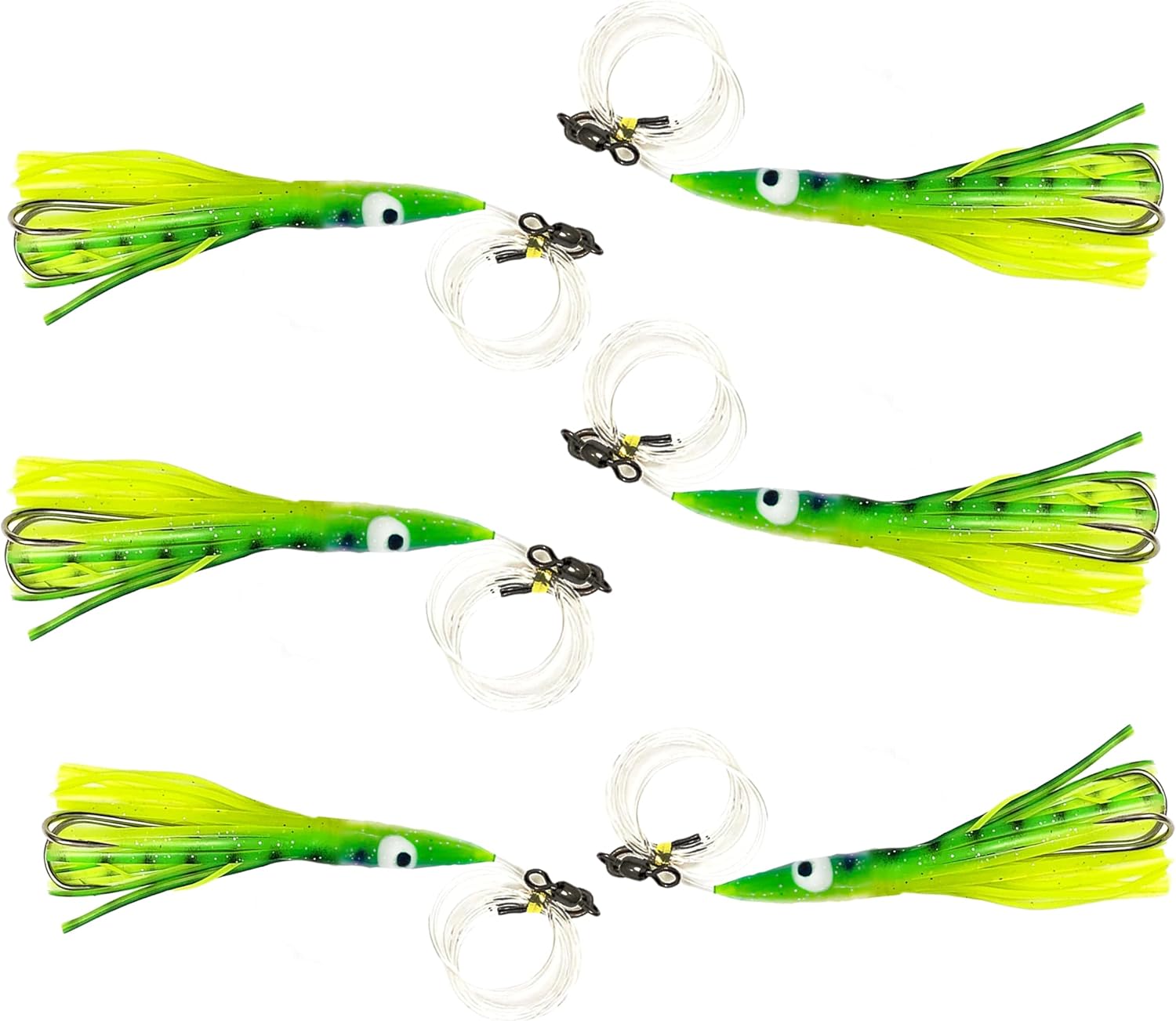 4.5" Tuna Clone Rigs, 6 Pcs Yellow/Green for Offshore Trolling, Ideal for Tuna and Saltwater Game Fish
