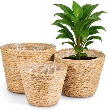 3 Pcs Wicker Plant Pots Seagrass Planter Basket, Flower Pots Cover, Hand-Woven Planters for Plant Pot Basket in Indoor or Outdoor Brown 3PCS