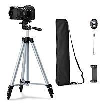Amazon Basics – Treppiede per Telefono e Fotocamera DSLR 127cm, Leggero, con Borsa, Telecomando Wireless e Supporto per Telefono, Altezza Regolabile, Argento