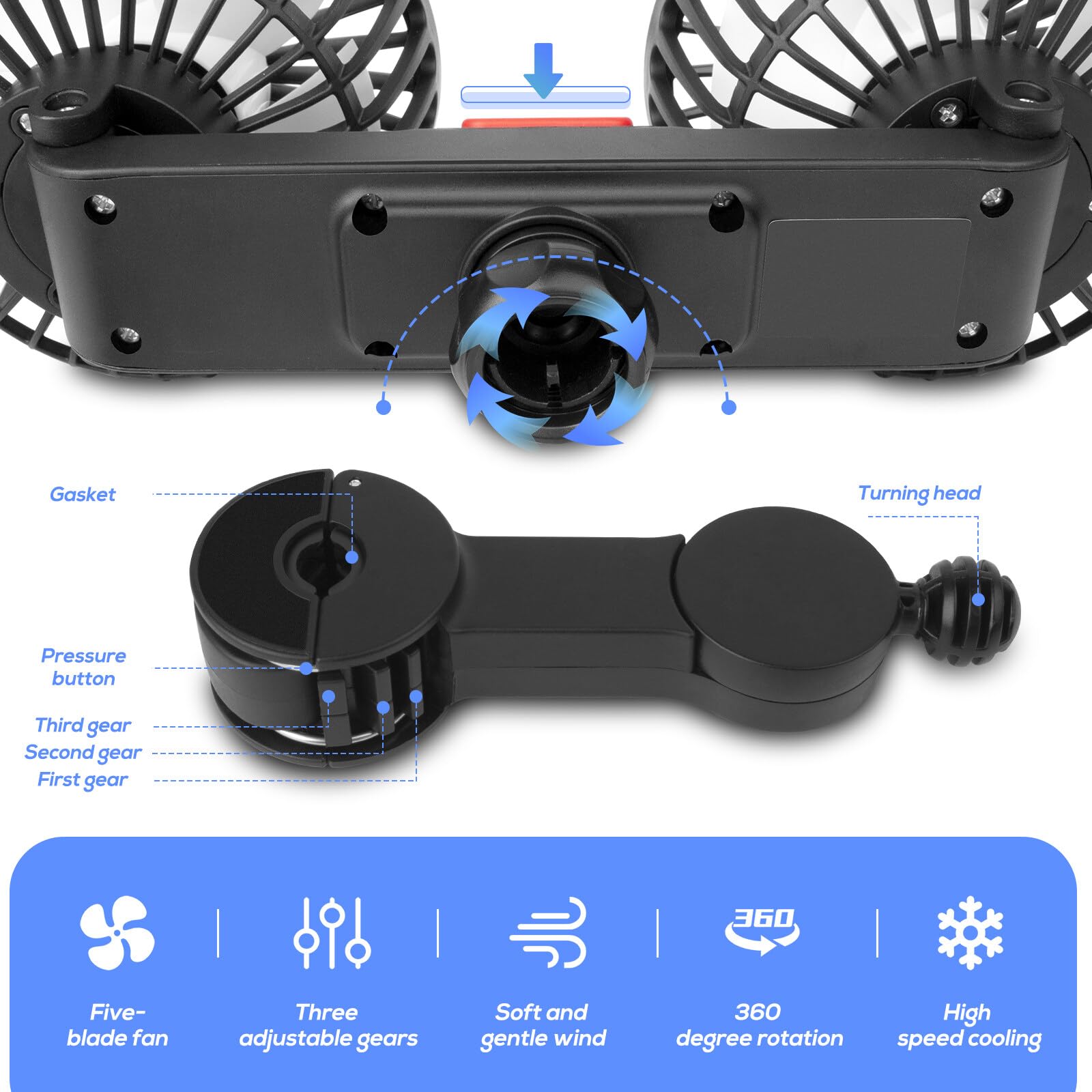 Ventilateur de voiture, 5 V 2 A, double tête, 3 vitesses, réglable, pour siège arrière, rotation à 360 °, USB