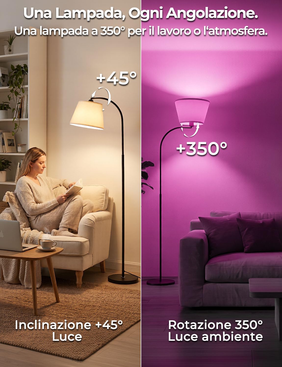 Piantana Lampada da Terra ad Arco Salotto LED Moderna, 170CM Doppio Controllo con Telecomando e Interruttore a Piede, 9 Colori +6 Dinamici, Lampadina Dimmerabile, CRI92, 1200LM, per Soggiorno e Camera
