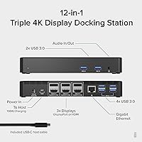 Vista 2 de Plugable Estación de acoplamiento de triple monitor USB C 12 en 1, pantallas 4K triples con 3 puertos HDMI o 3X DisplayPort, compatible con Mac