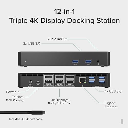 Miniatura 2 de Plugable Estación de acoplamiento de triple monitor USB C 12 en 1, pantallas 4K triples con 3 puertos HDMI o 3X DisplayPort, compatible con Mac,