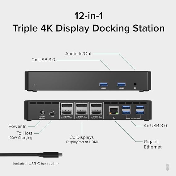 قابل للتوصيل 12 في 1 USB C ثلاثي مراقب محطة الإرساء، الثلاثي 4 K يعرض مع 3 X HDMI أو 3 X DisplayPort، متوافق مع ماك، ويندوز، الصاعقة، USB4، USB-C (100 W PD، 6 X منافذ USB، إيثرنت)