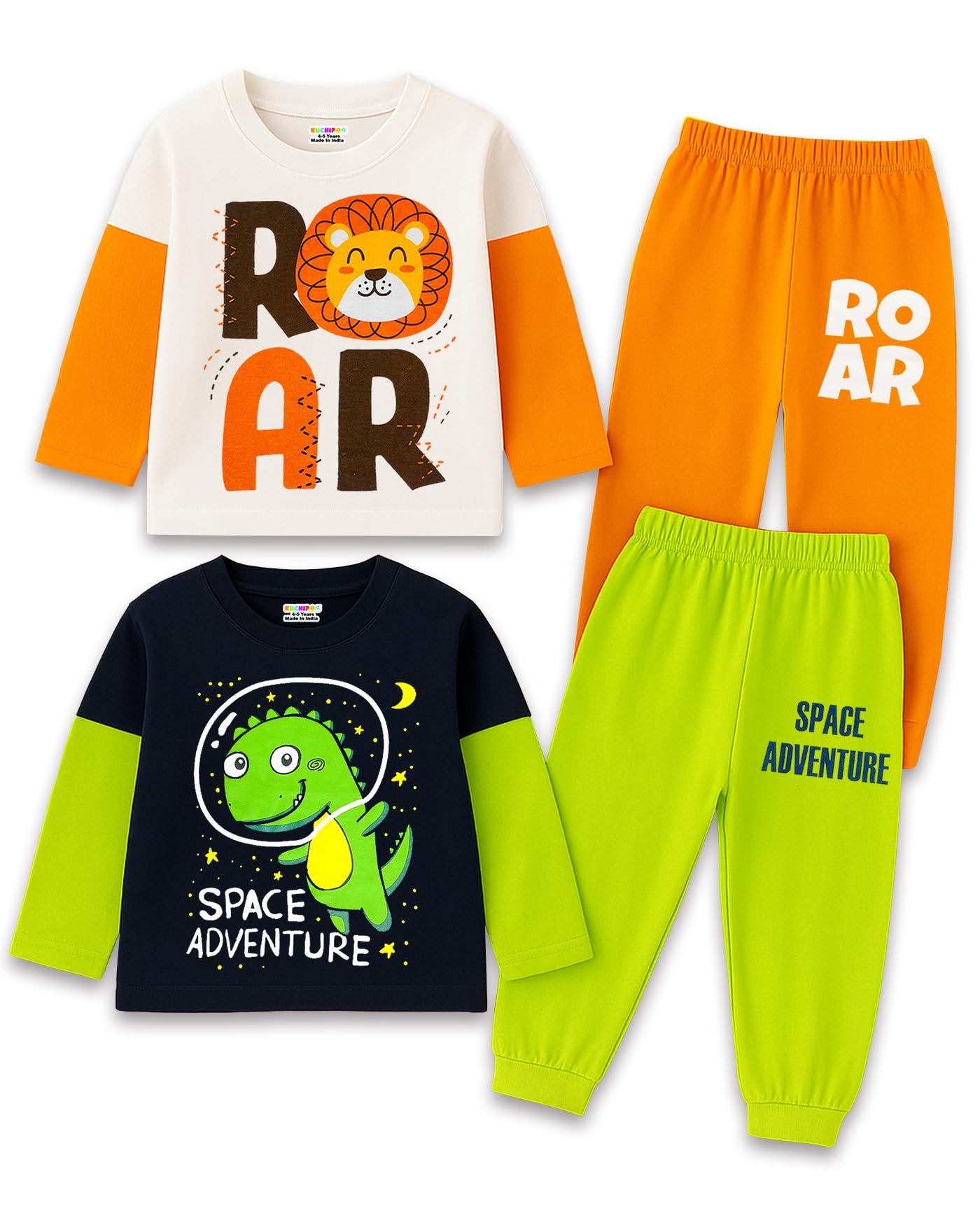 Kids Regular Fit Cotton T-Shirts and Pyjamas Set-image-46