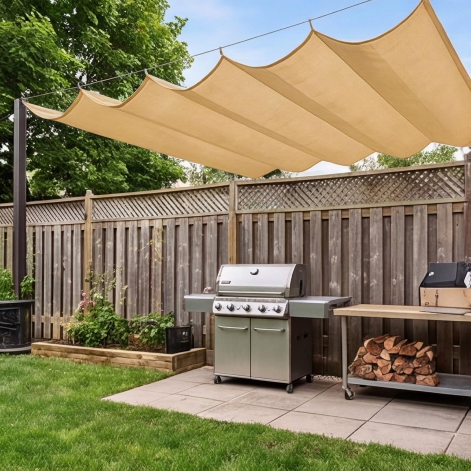 Wysuwany żagiel przeciwsłoneczny 280 x 390 cm, HDPE, szyta na miarę, ochrona przed promieniowaniem UV i rozerwanie, do markizy, tarasu, podwórza, werandy, pawilonu, piaskowożółtego