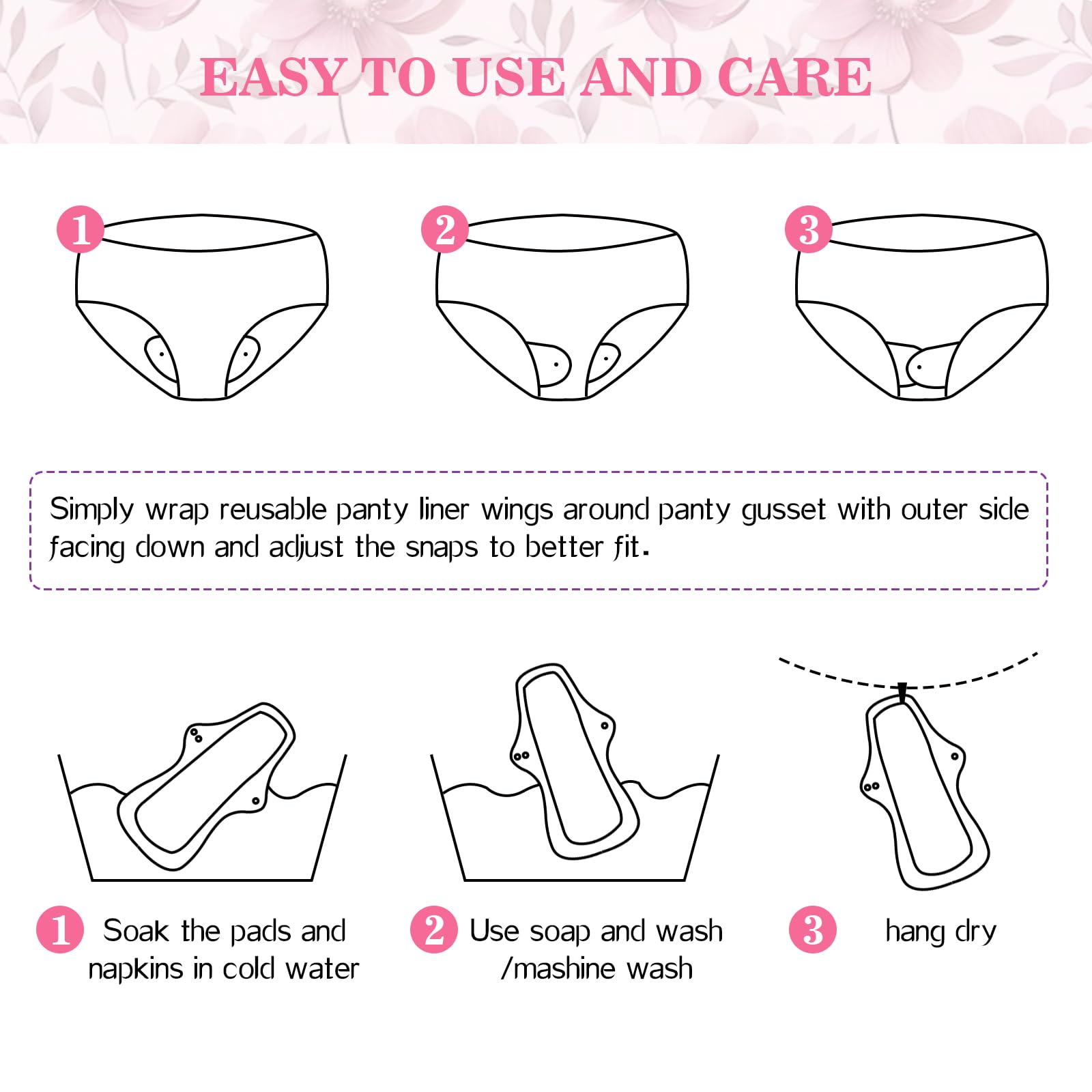 PHOGARY 7 Pack Reusable Menstrual Pads Large Sanitary Pads Set for Heavy Flow with 1 Wet Bag, Washable Overnight Cloth Panty Liners with Wings for Women, 33cm