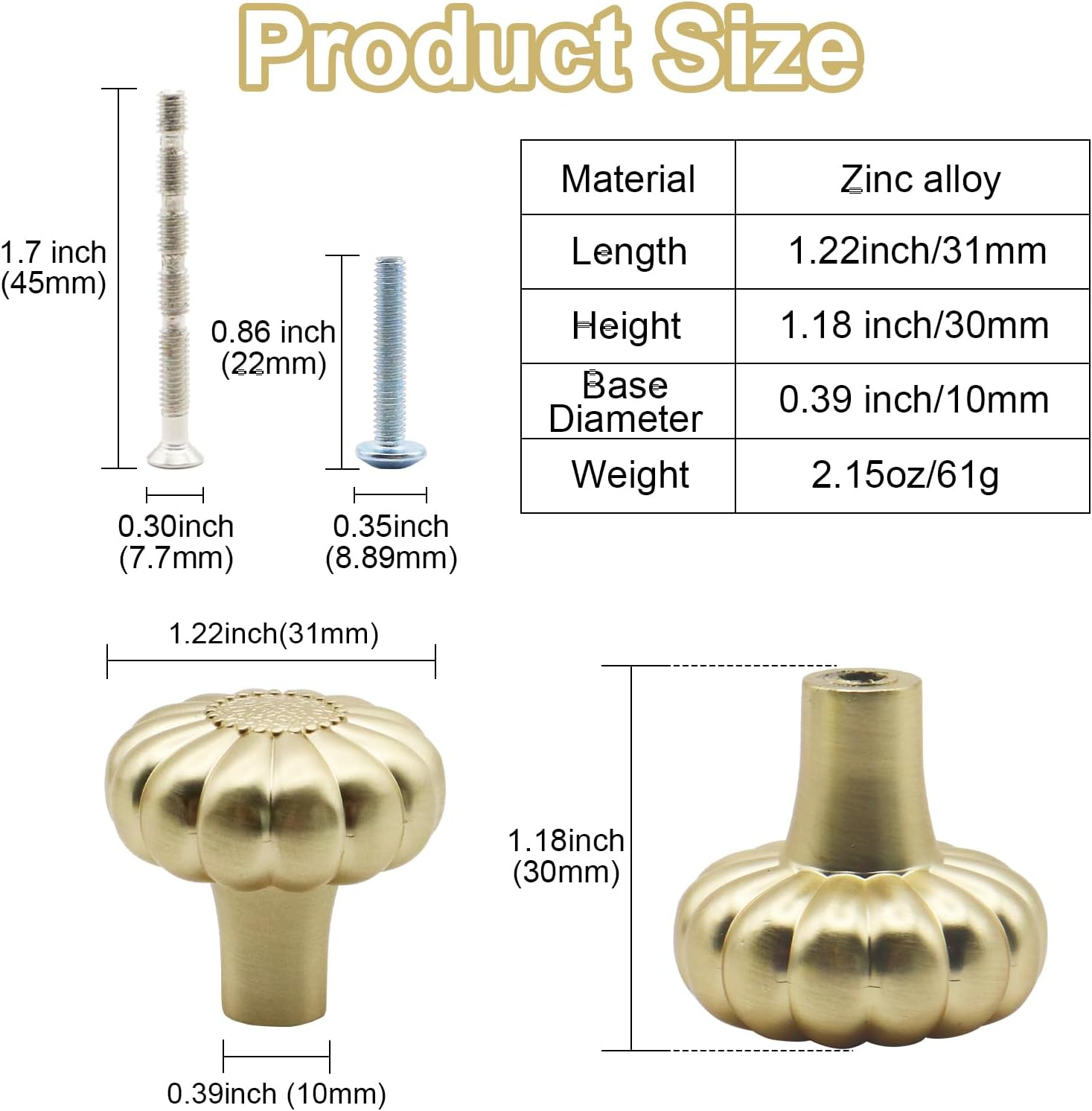 6 Pack Gold Cabinet Knobs 1.22" Brushed Gold Drawer Knobs Zinc Alloy Single Hole Pulls for Dresser 31mm Pumpkin Flower Kitchen Handles for Cupboard Wardrobe Bathroom Hardware