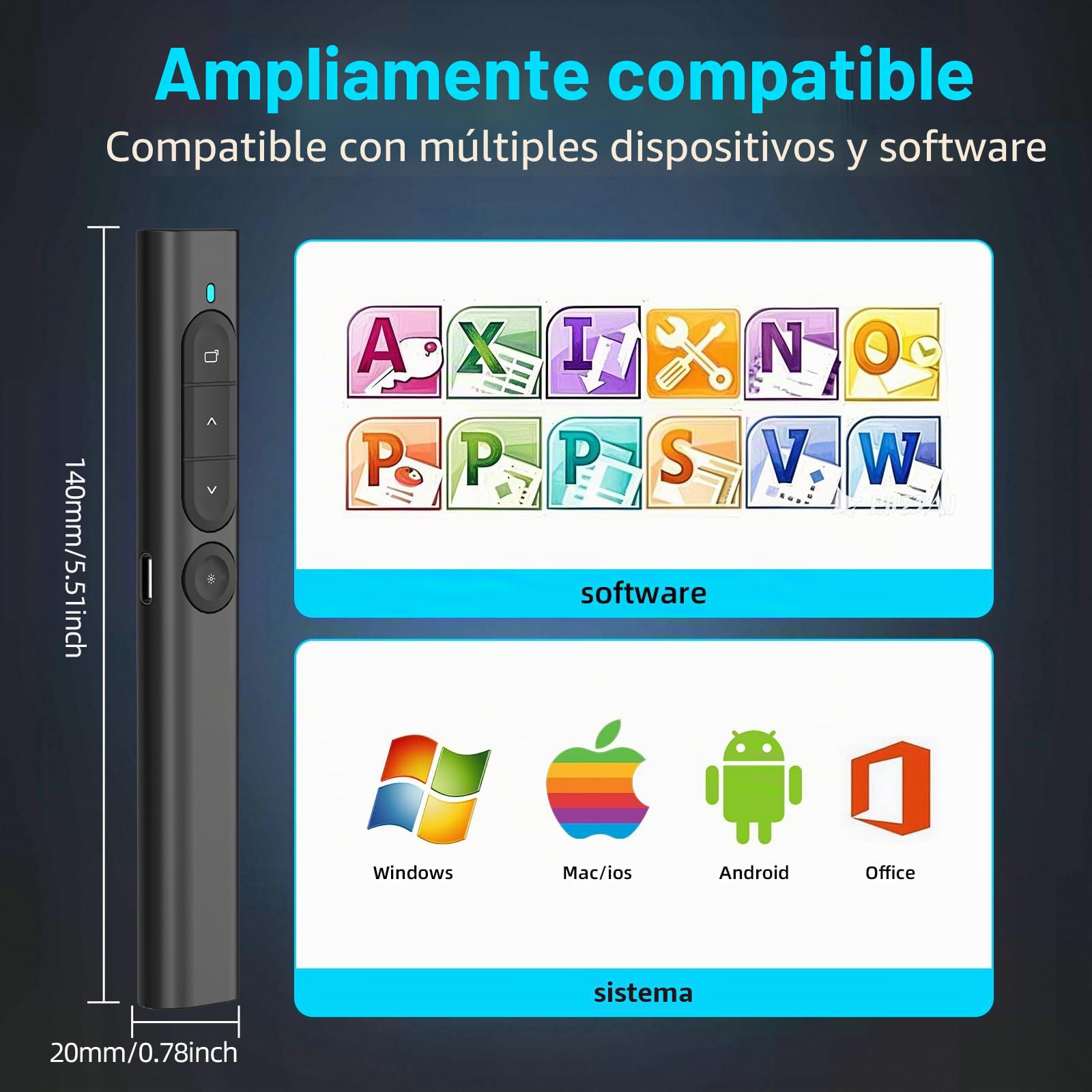 elzle Presentador Inalámbrico para PowerPoint, Control Remoto con de Hipervínculo y Regulador de Volumen, Compatible con Mac, PC y Portátiles, para Reuniones y Conferencias - Negro