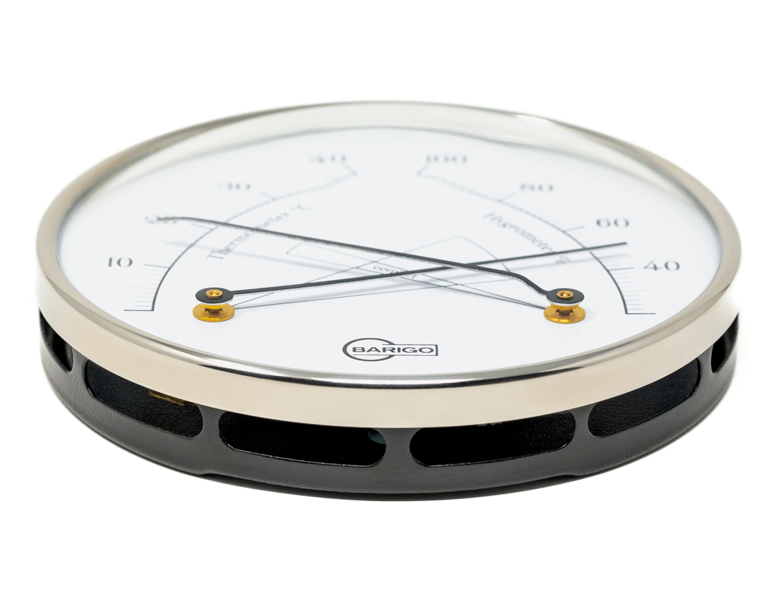 BARIGO 8862 Raum-Klimamesser, Glas, pulverbeschichteter Edelstahl schwarz | Messbereich 20-100 % r. F. und 0-40 °C, Thermohygrometer, Luftfeuchtigkeitsmesser, 100 mm Durchmesser, Made in Germany