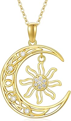 14k Gold Diamond Sun and Moon Necklace, Real Yellow Gold Sun Necklace for women Celtic Knot Crescent Moon Necklaces, Moon Sun Pendant Charm Jewelry for Wife Girlfriend Mother (0.07 CT)