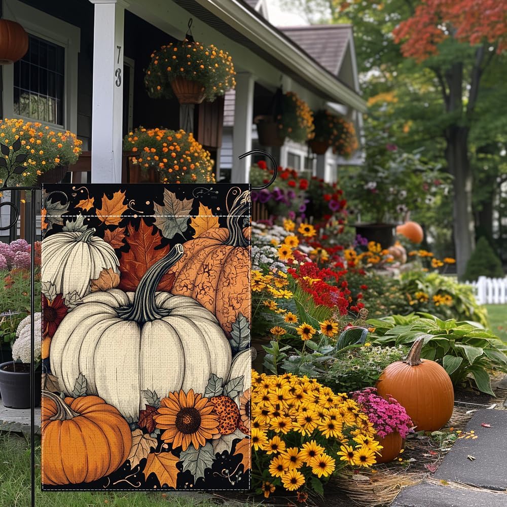 Fall Pumpkin Garden Flag for Outside 12x18 Inch Double Sided Burlap Autumn Thanksgiving Leaves Sunflower Flowers Farmhouse Holiday Rustic Outdoor Yard Flag Home Decorations - Image 3