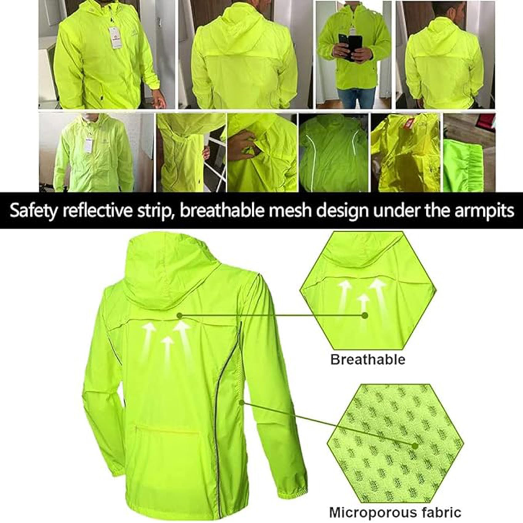 Hombres Mujeres Chaqueta Ciclismo Ultraligera Impermeable A Prueba Viento Jerseys Ciclismo Ligero Transpirable Cortavientos Bicicleta Chaleco Manga Larga Desmontable para MTB,Green-L