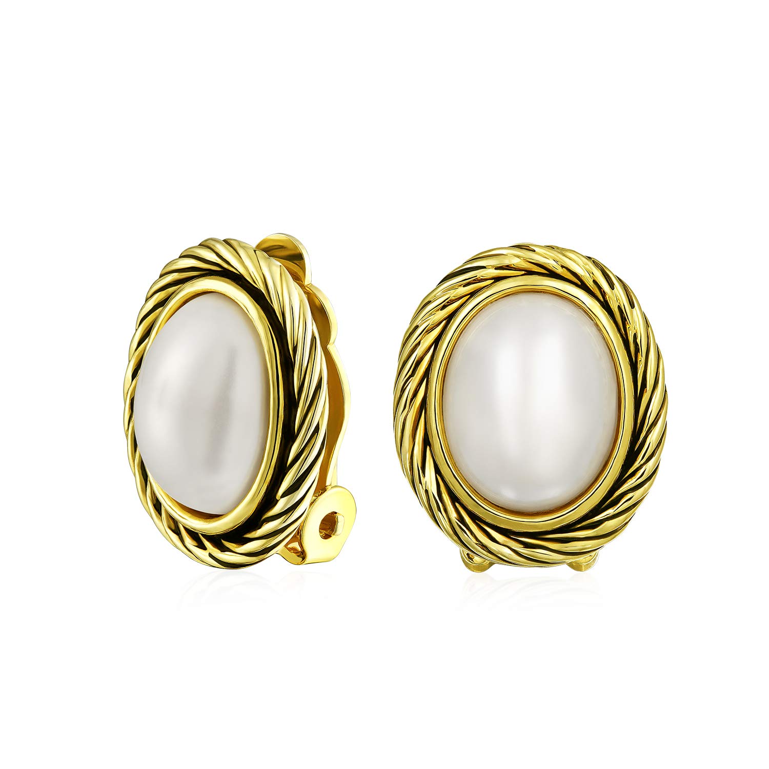 Twist Braided Rope Cable Bezel Set White Simulated Round Pearl Button Clip On Earrings For Women Yellow Rose Gold or Silver Plated