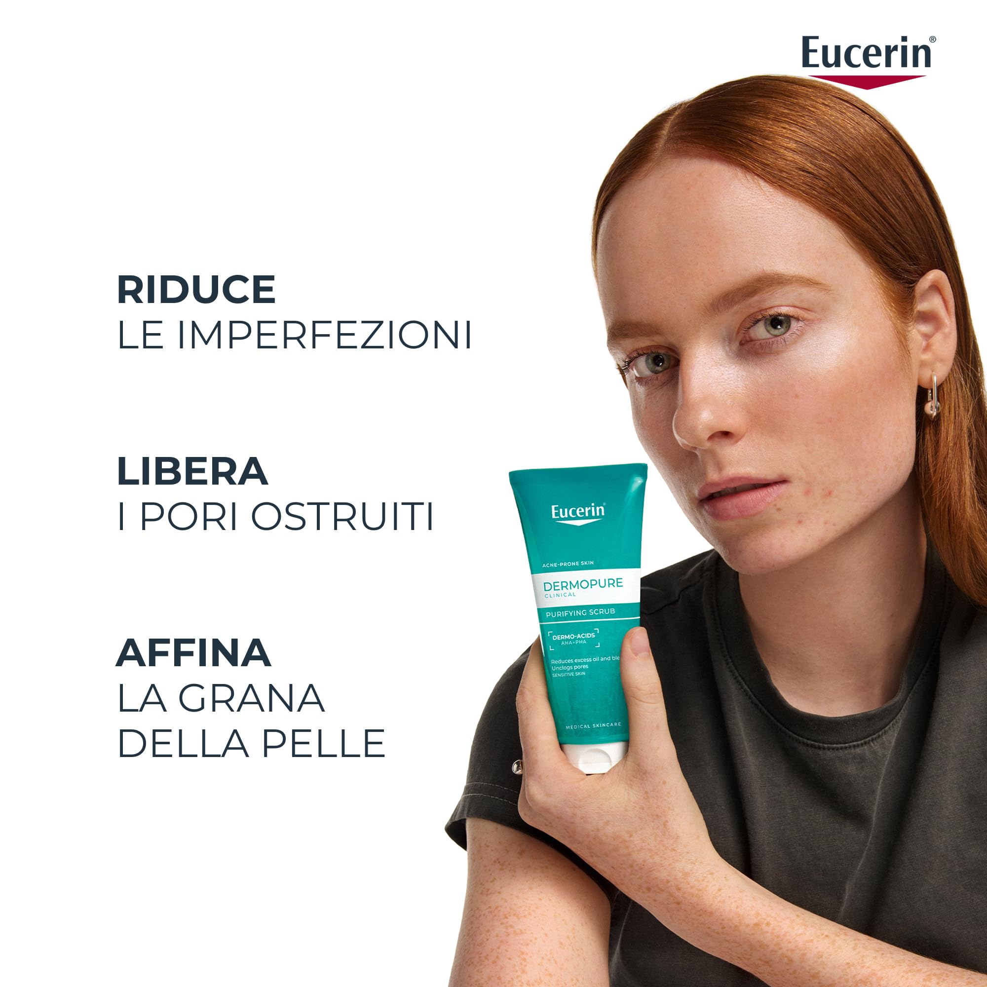 Eucerin DermoPure Clinical Scrub Purificante 100 ml, Scrub viso e corpo anti-imperfezioni e punti neri con Acido Salicilico e Dermoacidi AHA + PHA, Esfoliante pelle grassa e a tendenza acneica