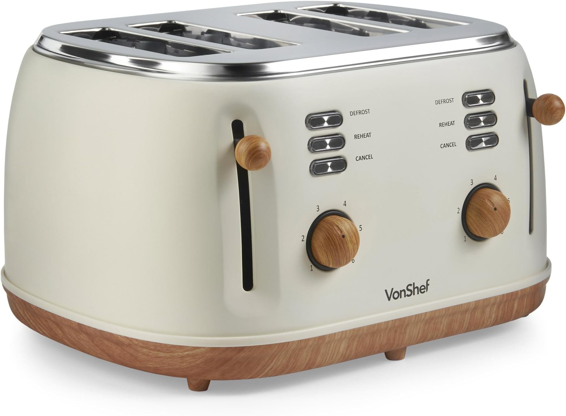 VonShef 4 Slice Toaster - Nordic Cream Design, 6 Browning Settings, Wide Slots, Defrost, Reheat and Cancel Functions, Removable Crumb Tray, High Lift Lever & Cord Storage - Fika Range