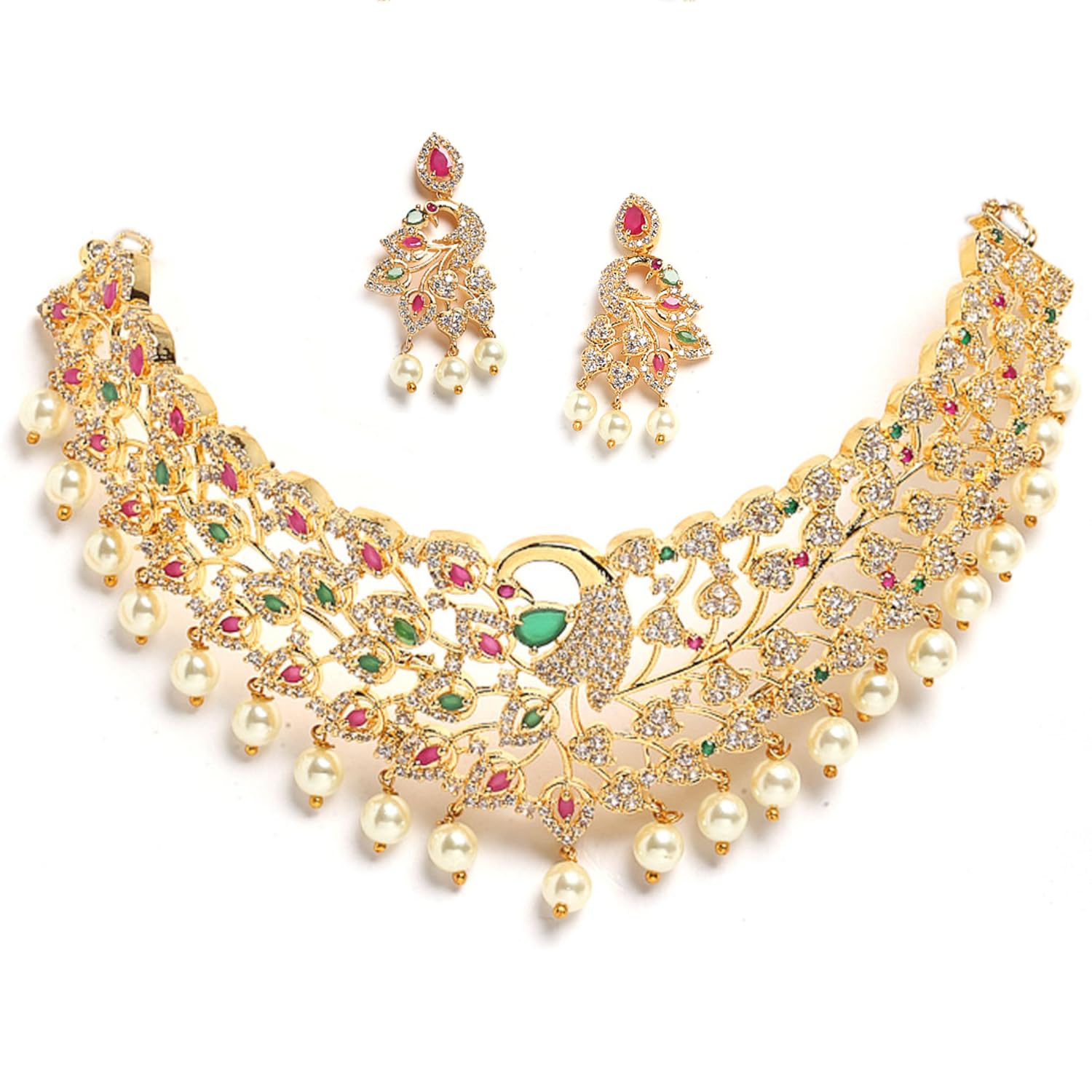 ZENEME Womens Gold Plated American Diamond Studded with Drop Pearl Beaded Jewellery Set White & Red (Design 2) (B0B3N6T3GR) Amazon Price History, Amazon Price Tracker
