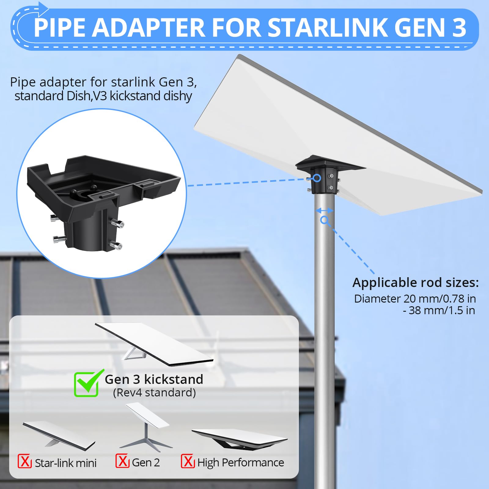 CAMWAY Adapter do rur Starlink Gen 3 ze stopu aluminium, regulowany zestaw do montażu narożnego, kompatybilny z Starlink Gen 3/Standard/V3, do drążków o średnicy 20–38 mm